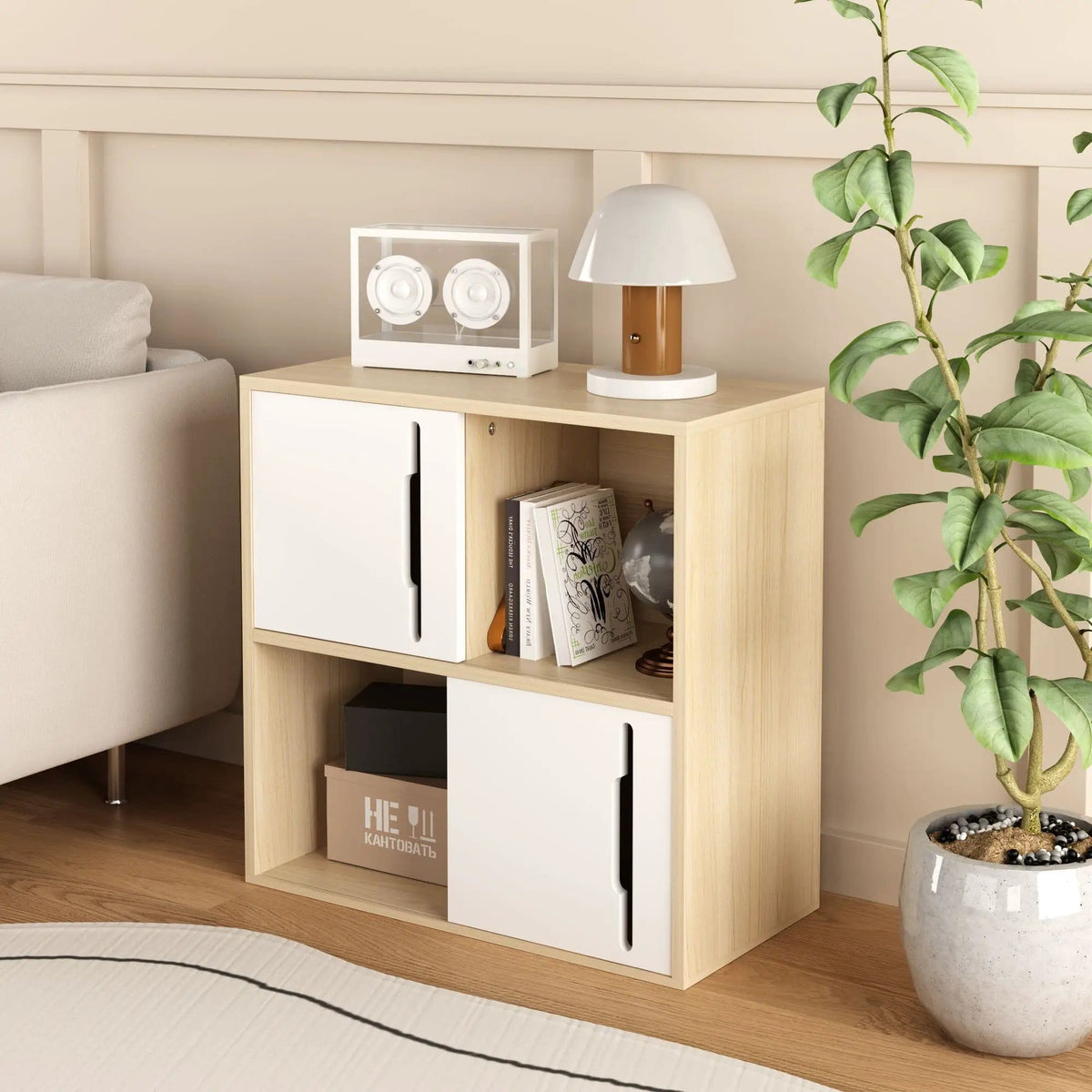Storage Cabinet With Sliding Doors, 2 Tier Open And Closed Shelves Organizer Natural | 23.62 x 11.81 x 23.62 in | Mdf & Wood | White