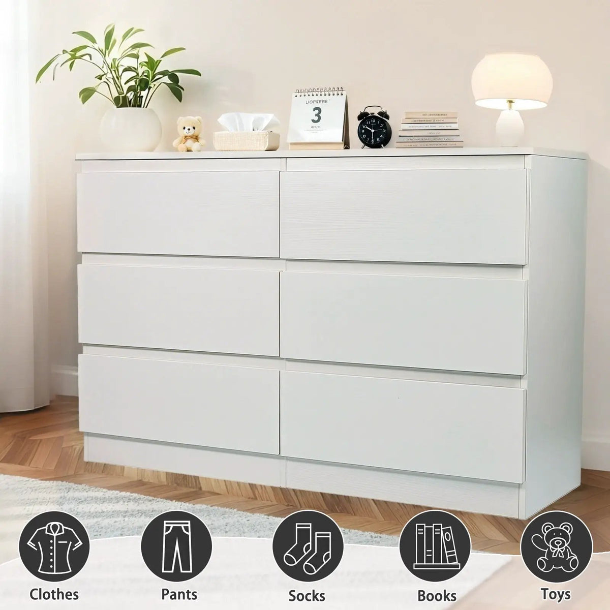 6 Drawer Dresser | Spacious Countertop | Concealed Handles | 47 Inch Width