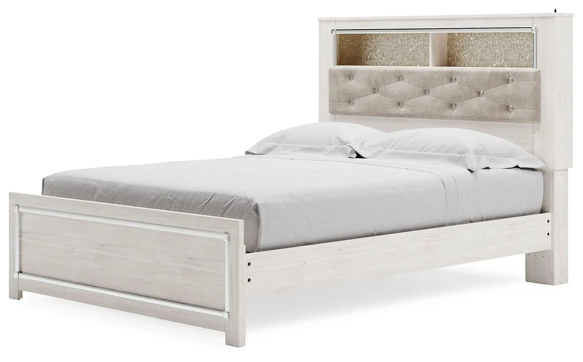 Altyra Queen Panel Bookcase Bed With Roll Slats | Storage Bed | Engineered Wood & Polyester | White