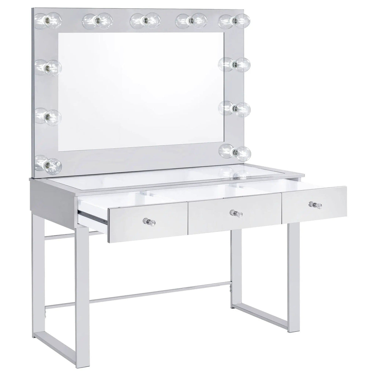 Umbridge 3-drawer Vanity Set with Lighting Chrome and | 46.25 x 19.5 x 62 in | Tempered Glass & Metal | White