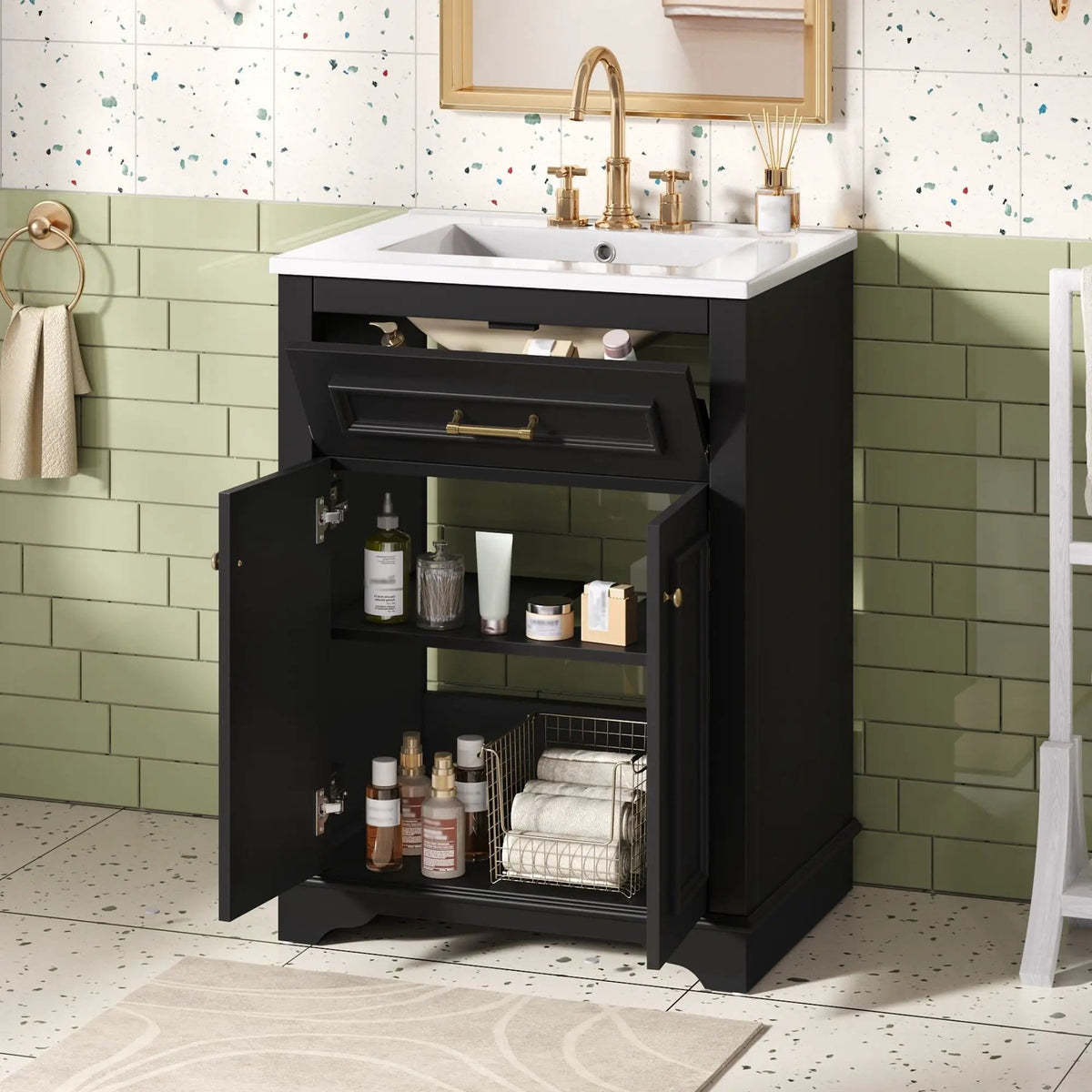 Bathroom Vanity With Integrated Sink, 2 Door Cabinet With Tip Out Drawer | 3 Pieces | Solid Wood & Iron | Bathroom
