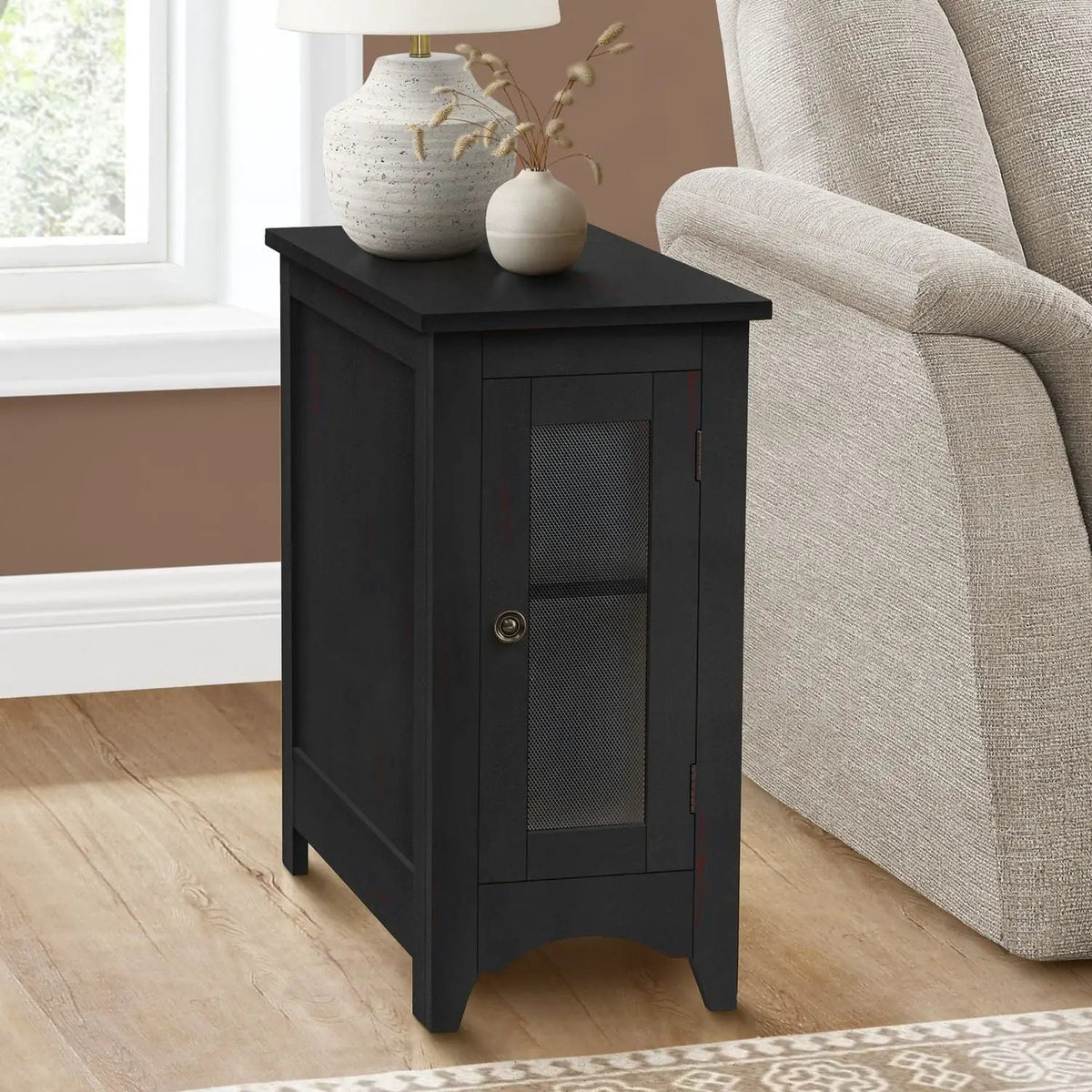 Narrow Accent End Table | Transitional Style | Closed Cabinet | Round Metal Knob