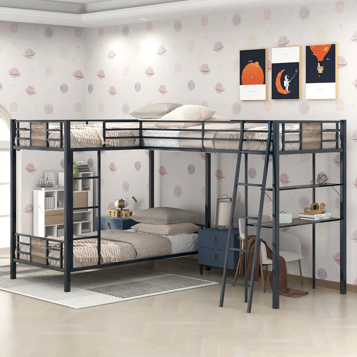 L-Shaped Twin Bunk Bed | Built In Desk | Twin Over Twin | Brown