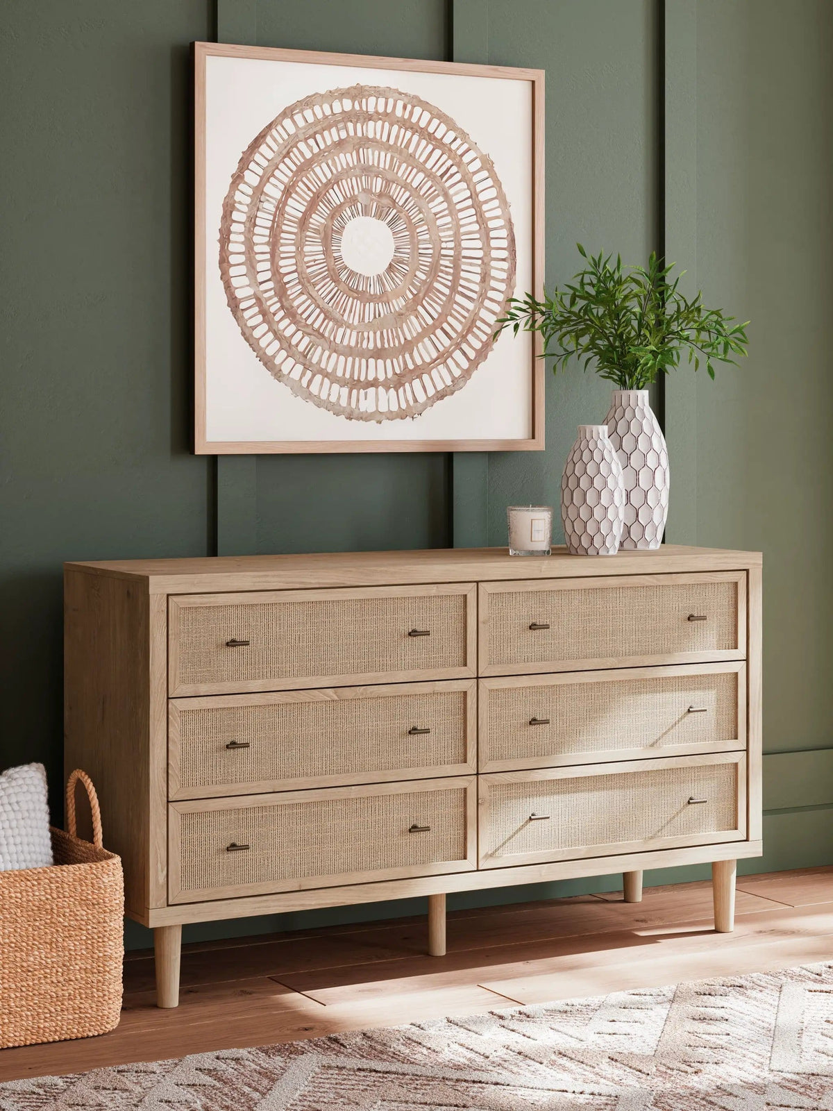 Cielden Six Drawer Dresser | 62.01 x 19.65 x 35.67 in | Engineered Wood & Linen | Two-Tone