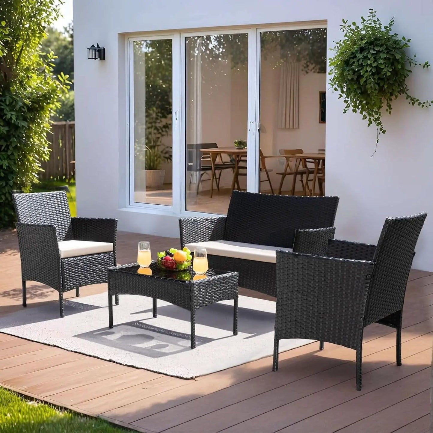 Patio Furniture Four Piece Conversation Set Black Beige from PriceLows™
