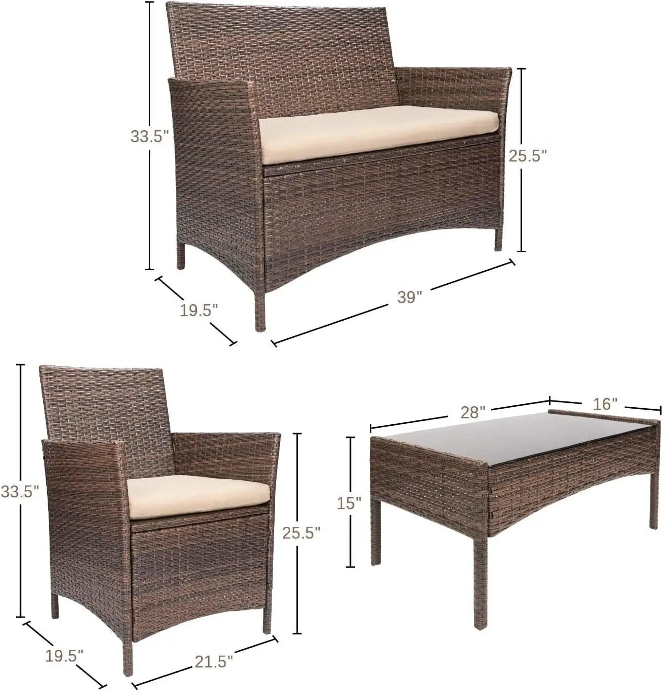 4 Piece PE Rattan Patio Furniture Set With Beige Cushions from PriceLows™