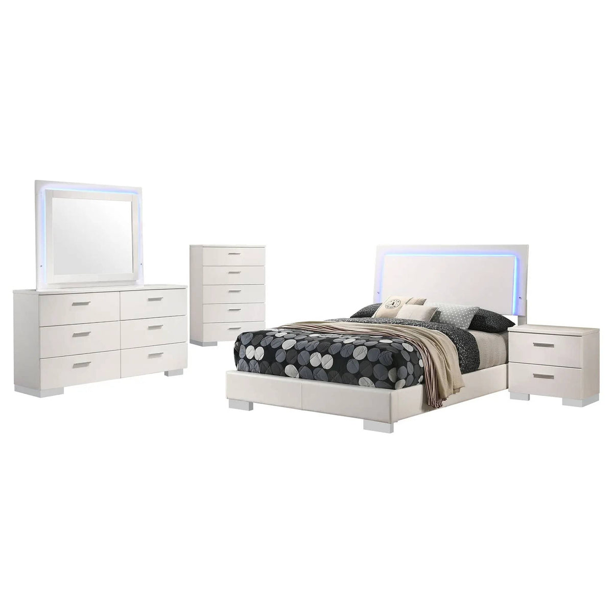 Felicity 5-piece Full Bedroom Set White High Gloss | 5-Piece Set | Faux Leather | Bedroom