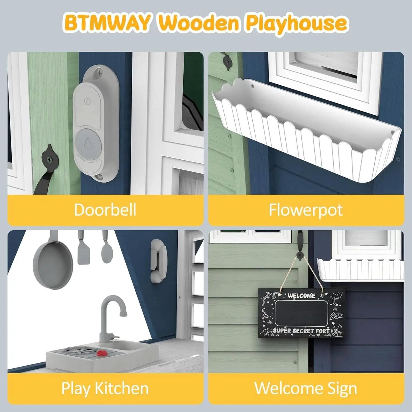 Blue Cedarwood Kids Playhouse Weather Resistant Outdoor from PriceLows™