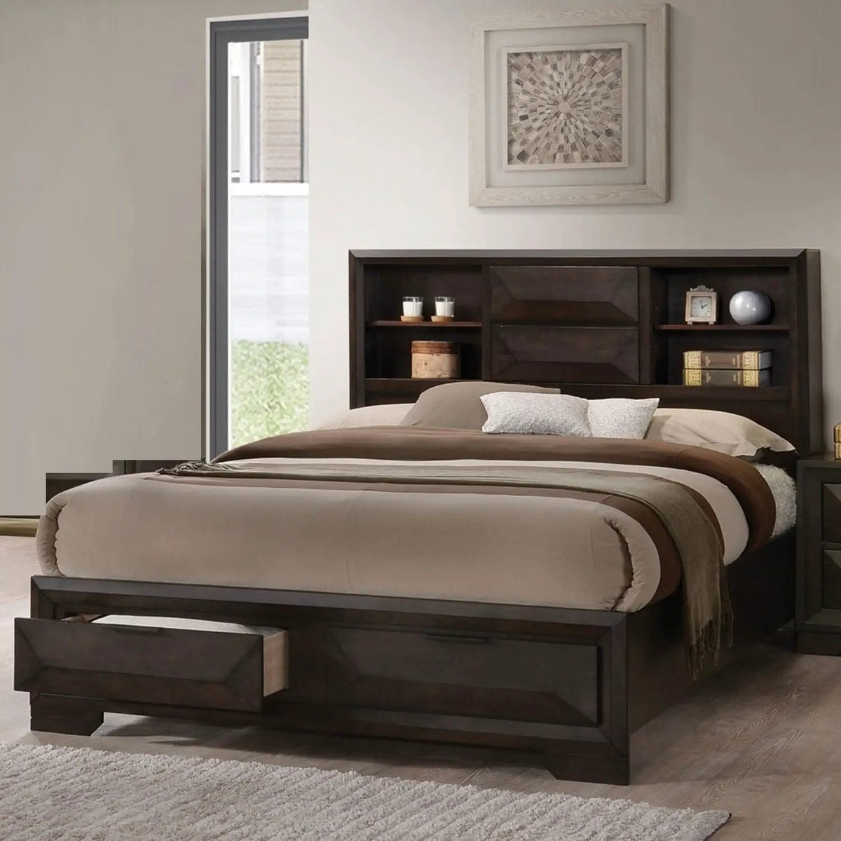 Storage Bed With Bookcase Headboard | Footboard Storage | Transitional Style | Solid And Engineered Wood
