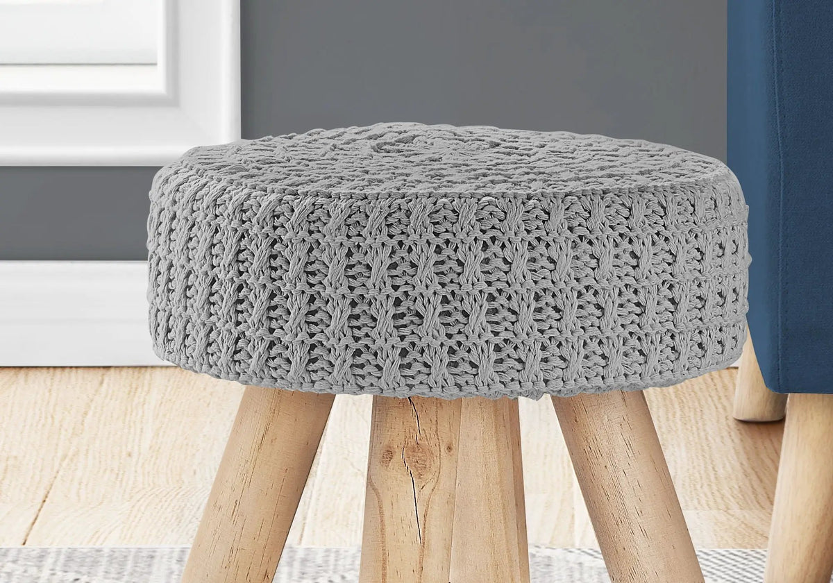 Round Ottoman Pouf | Padded Knit Seat | Natural Wood Legs | Contemporary Style