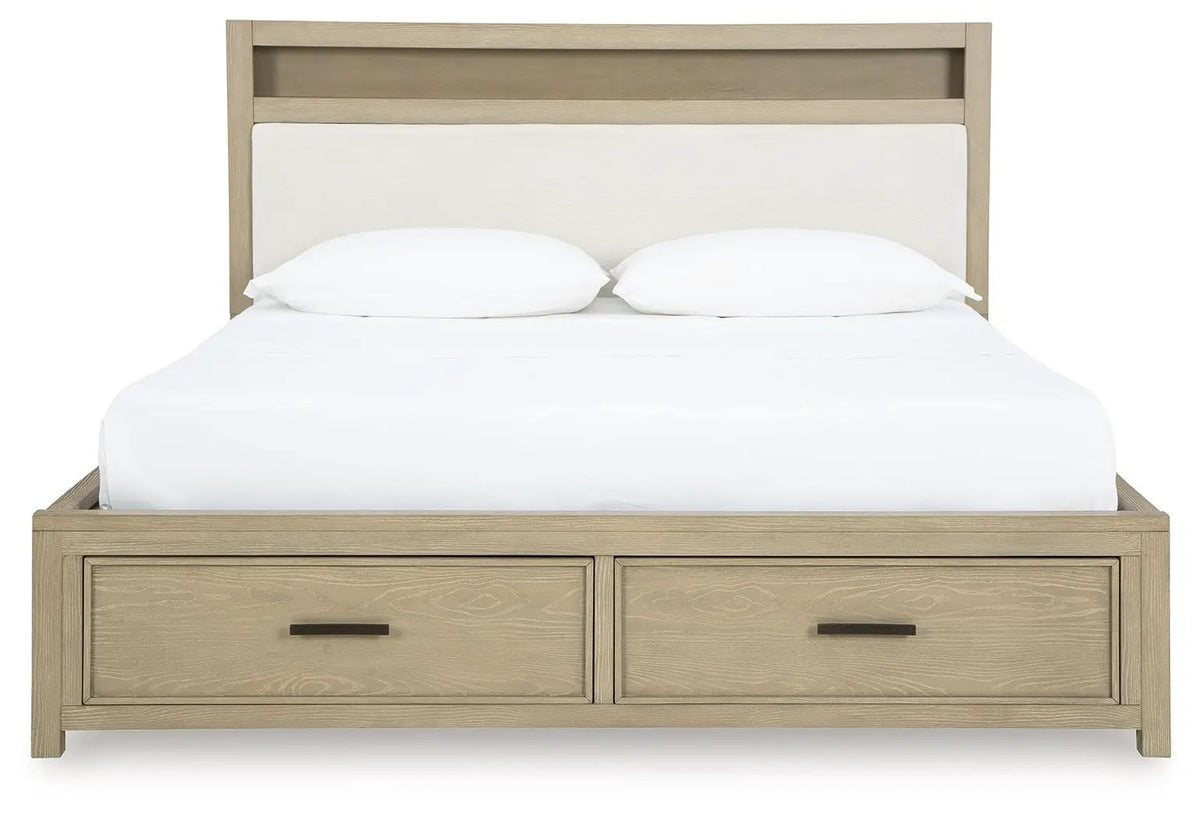 Calmoro Bookcase Storage Bed | Upholstered Panel Headboard | Gray Wash Finish | Warm Undertones