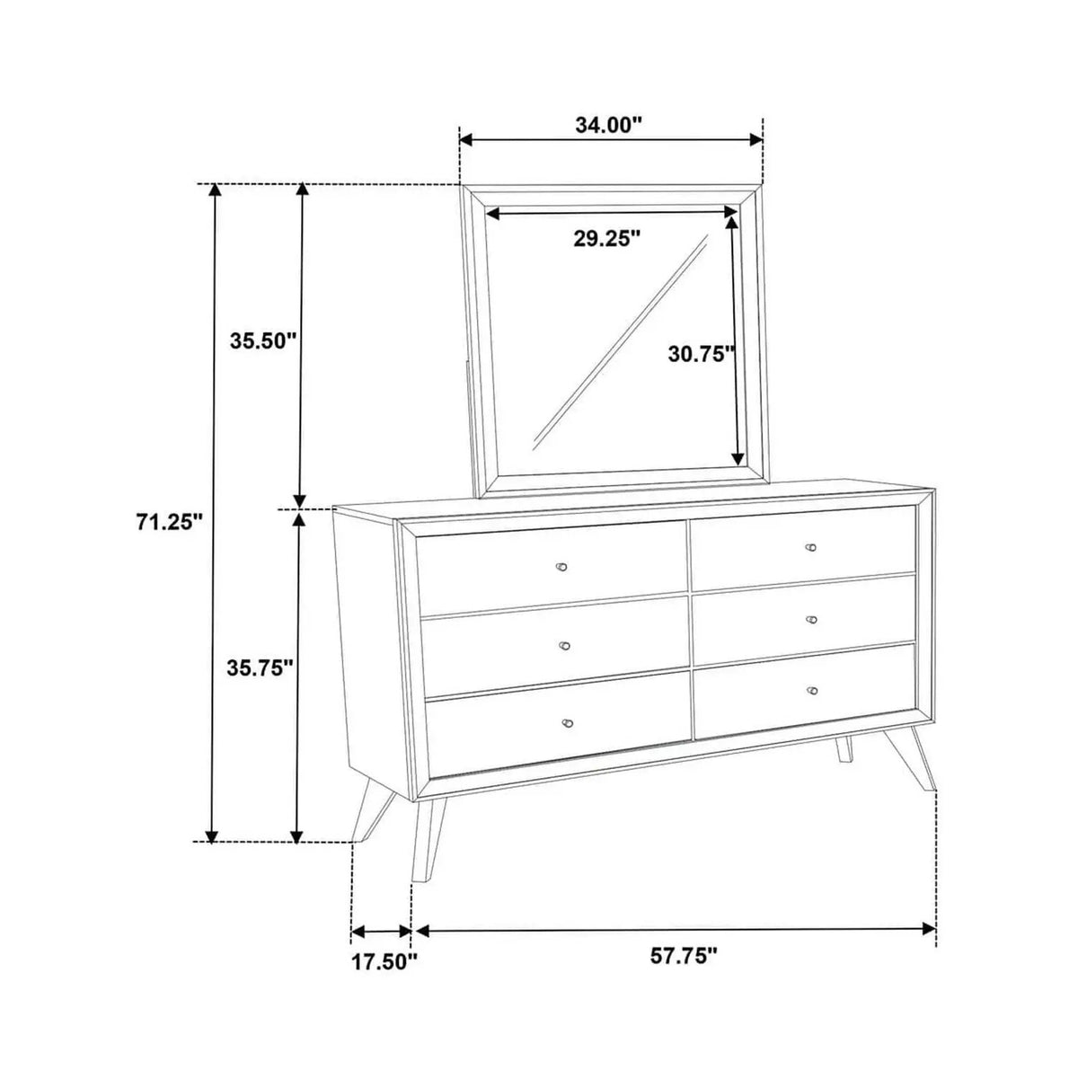 White Dresser With Mirror | Angled Legs | Round Knobs | 57.87 Inch Width