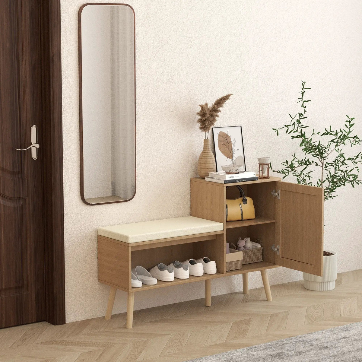 Shoe Storage Bench | Adjustable Shelves | Washable Seat | Natural Rattan