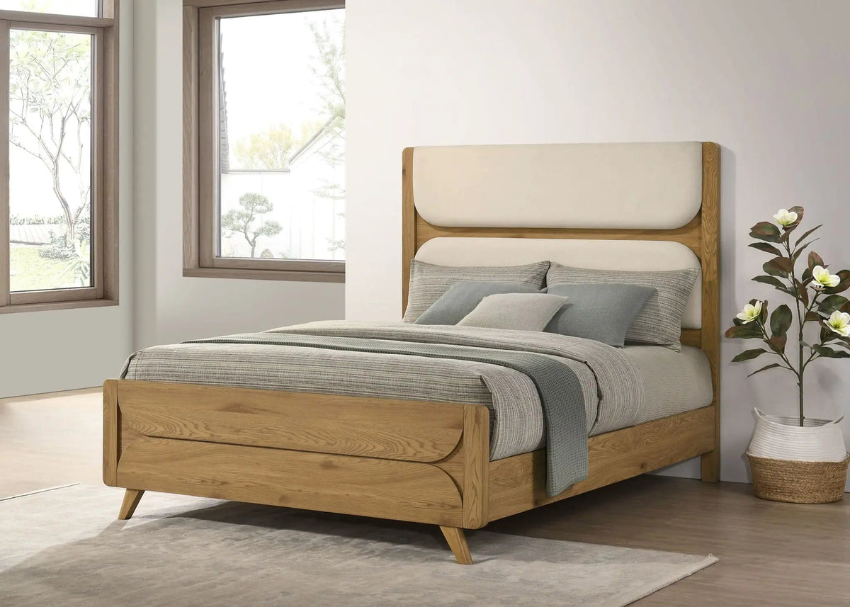 Bennett 63-inch Queen Upholstered Panel Bed Cream and | 62.75 x 86.5 x 59 in | Rubberwood & Engineered Wood | Light Oak