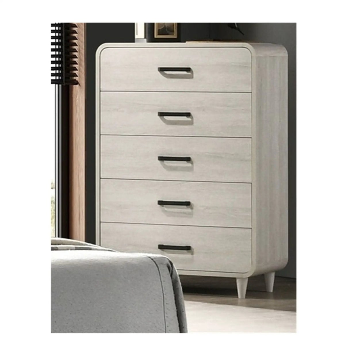 5 Drawer Tall Chest | Antique White Finish | Rounded Edges | Contemporary Style