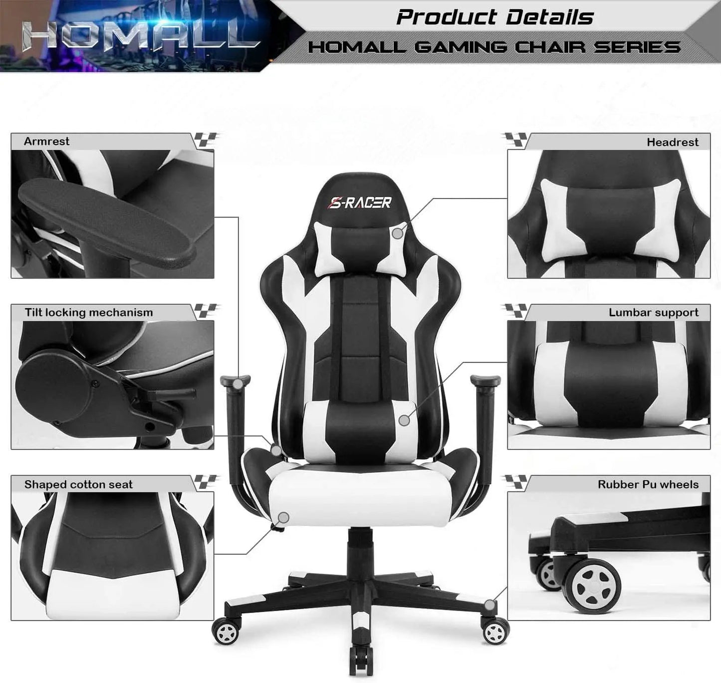 White Leather Ergonomic Gaming Chair With Lumbar Support from PriceLows™