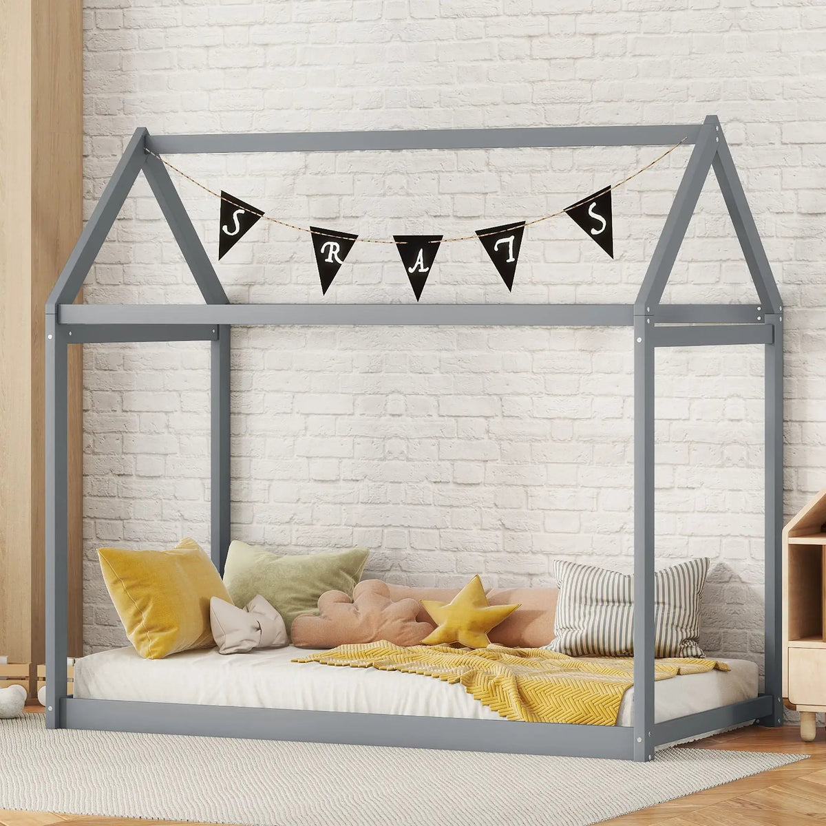 Wooden House Shaped Bed | Roof-Like Structure | Low Profile Design | 78.3 Inch Length