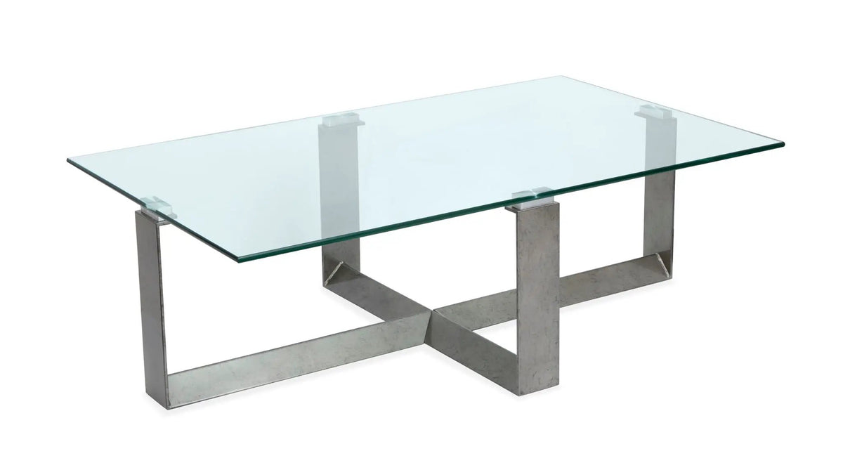 Holden Rectangular End Table | Aged Pewter Metal Frame | Tempered Glass Top | Triangular Base