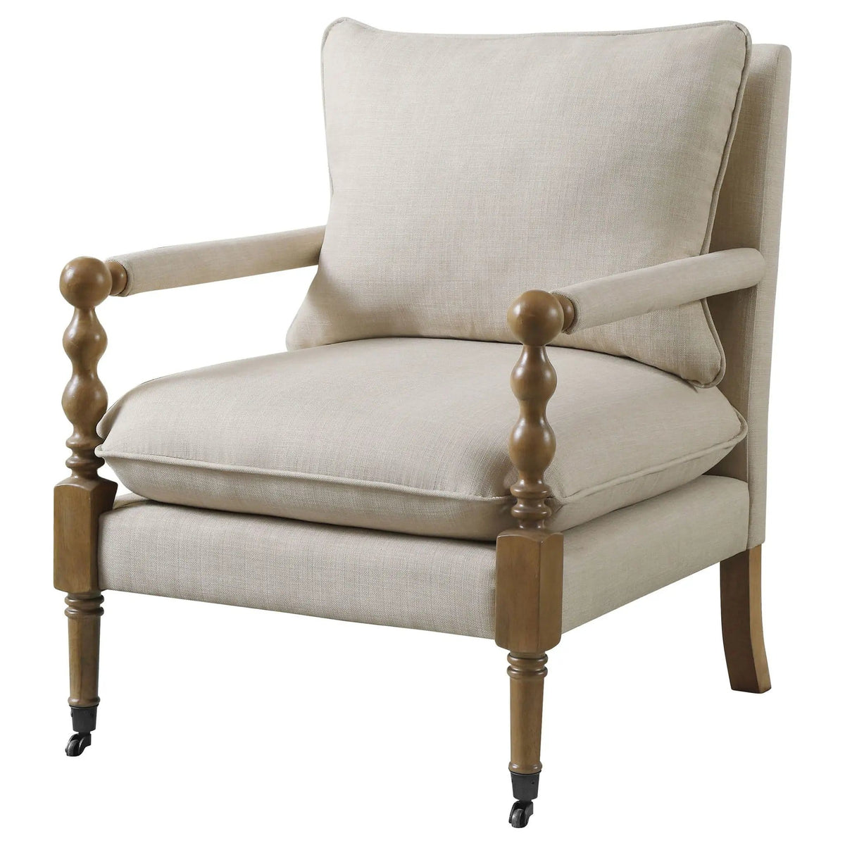 Dempsy Upholstered Accent Chair with Casters | 26.5 x 31 x 35.5 in | Rubberwood & Linen | Beige
