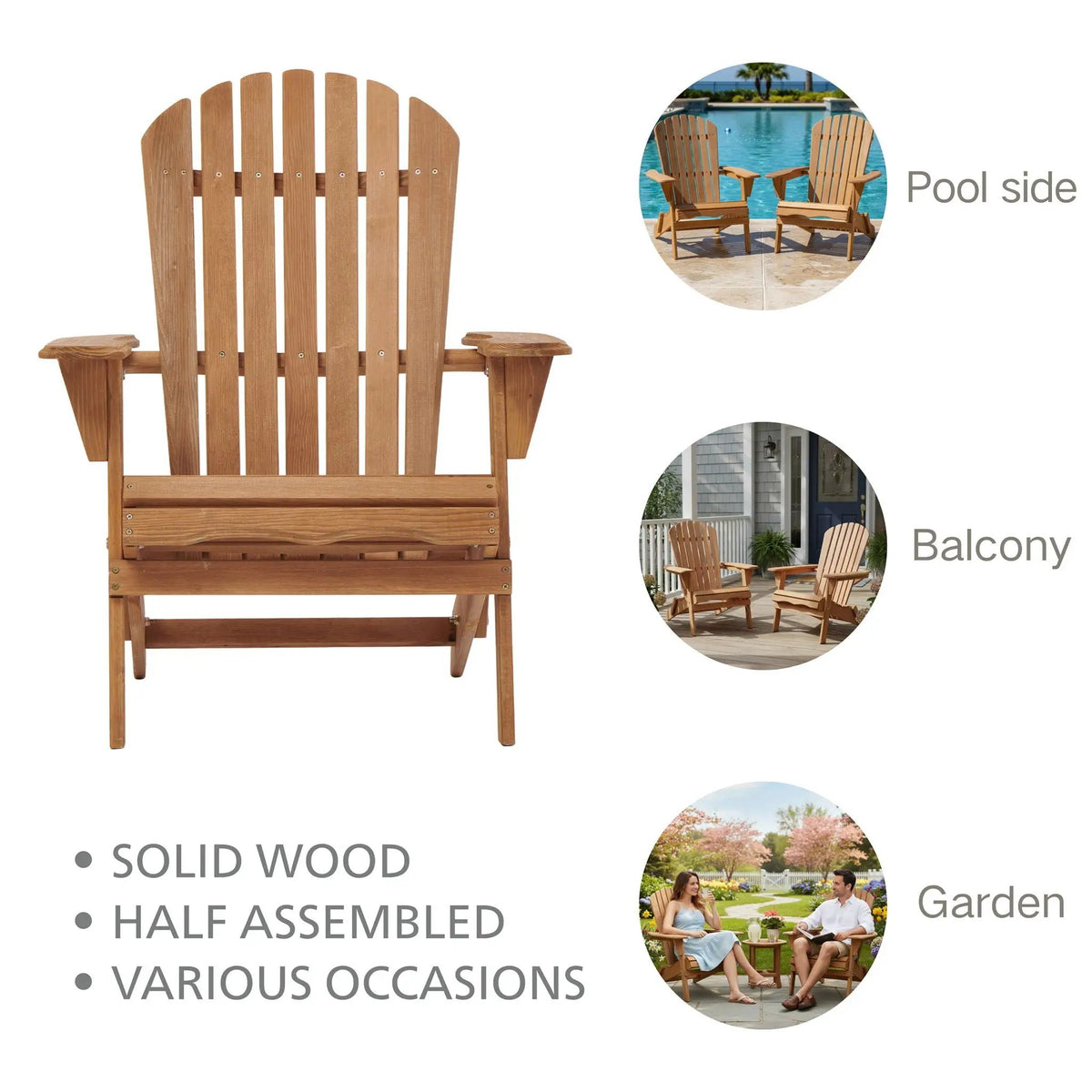 Oversize Folding Adirondack Chair | Premium Hemlock Wood | Pre-Assembled Parts | Patio And Garden