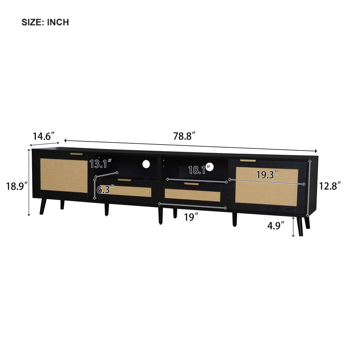 Rattan TV Stand | Media Console | Two Cabinets And Two Open Shelves | Cable Management