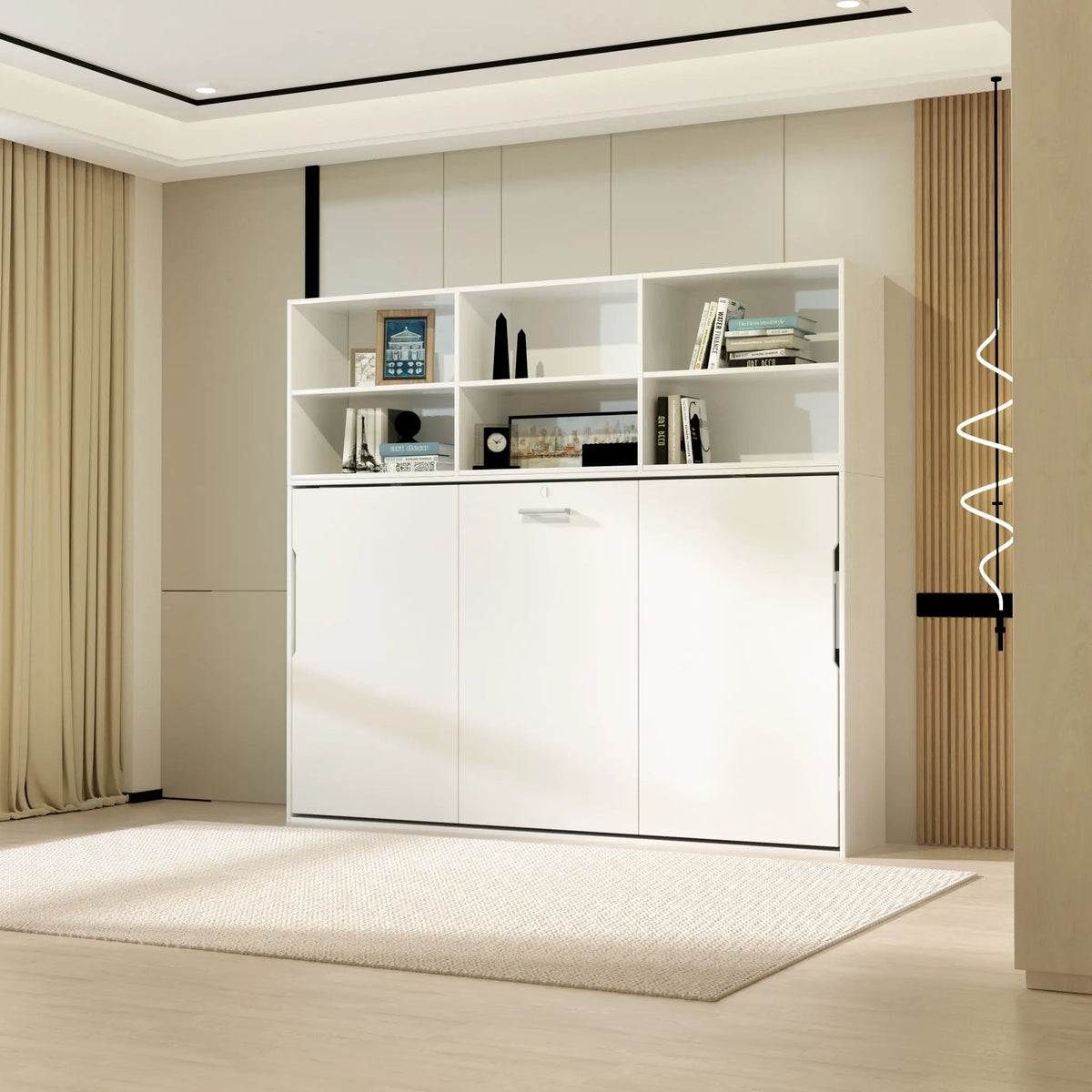 Twin Size Horizontal Murphy Bed | Gas Struts | White | Double Layer Shelf