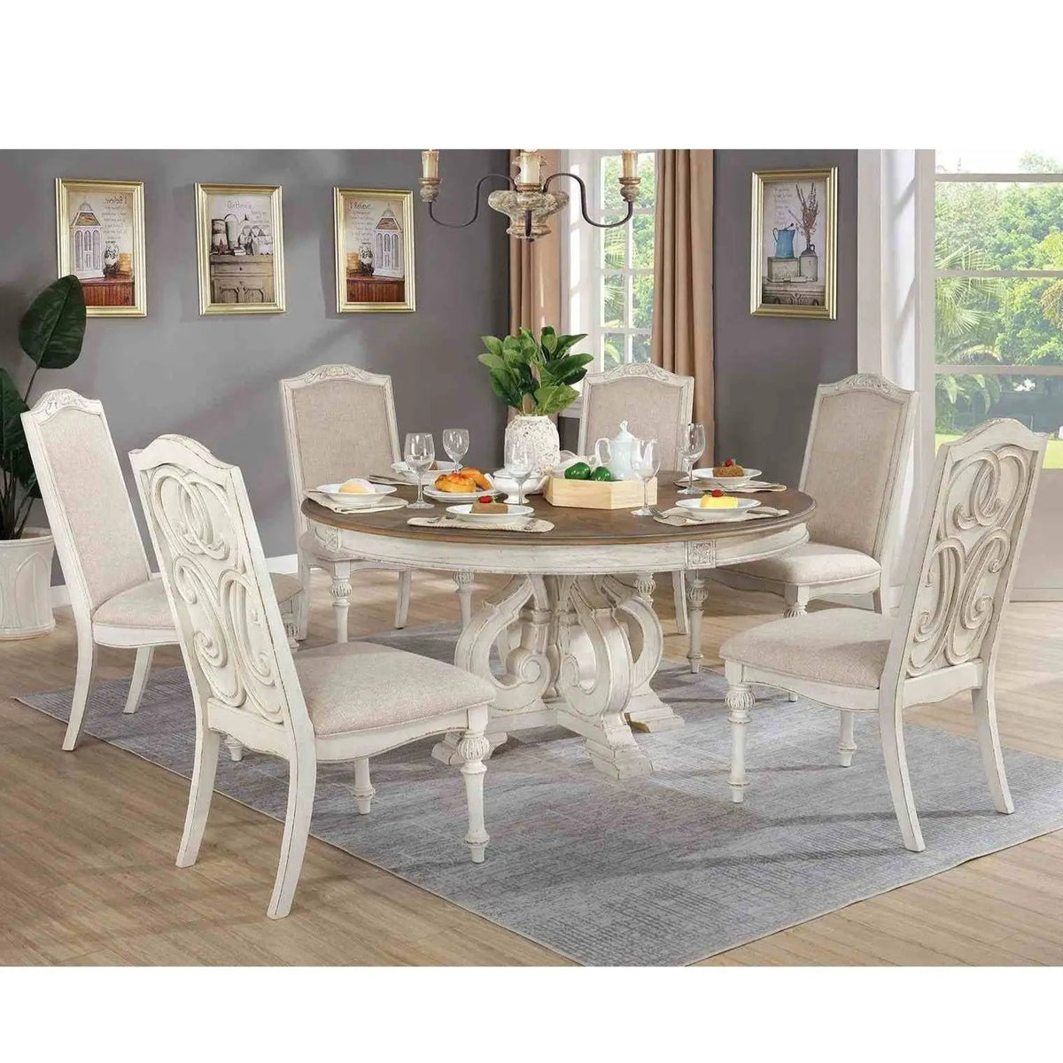 Round Dining Set | 7-Piece | Rustic Style | Pedestal Base Table With Side Chairs