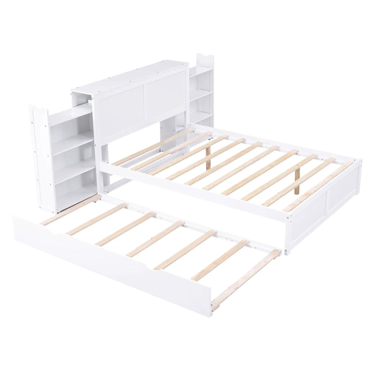 Storage Platform Bed | Solid Pine Wood | Pull Out Shelves | Trundle