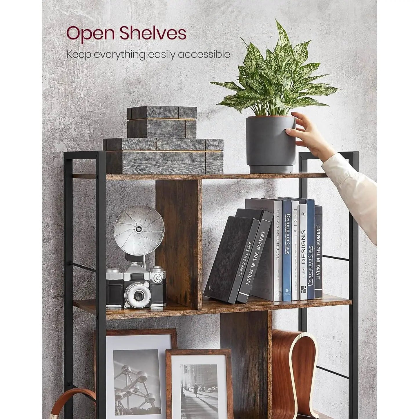 5 Tier Bookshelf Rustic Brown And Black Metal Frame from PriceLows™