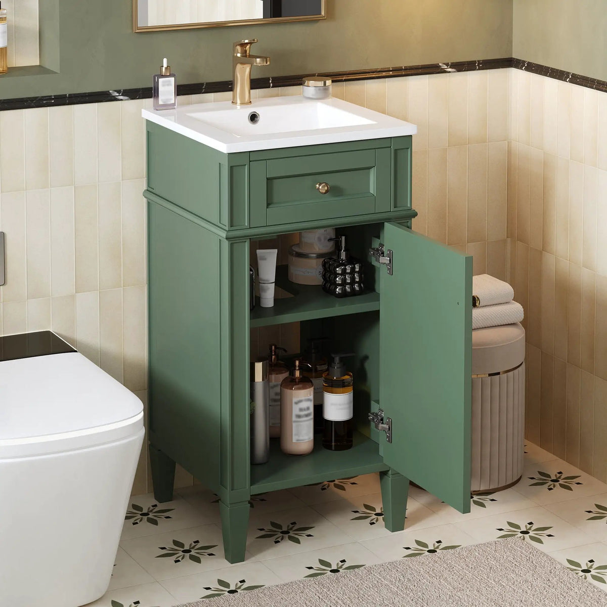 French Style Bathroom Vanity | Integrated Ceramic Sink | Fluted Panels | Solid Wood Legs