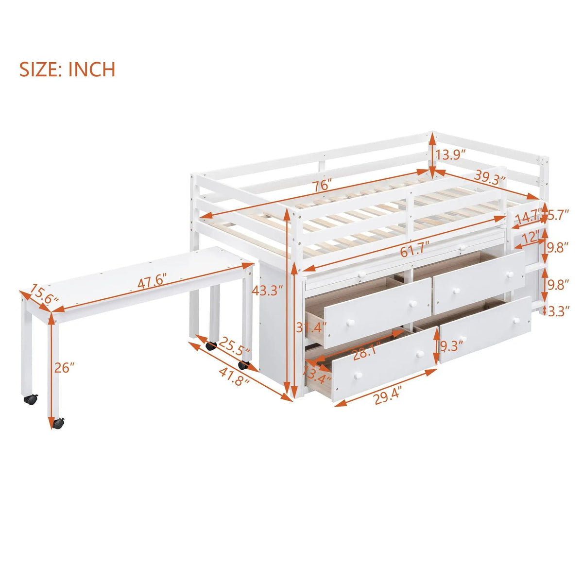 Loft Bed With Retractable Desk | 4 Front Drawers | Lateral Portable Desk | Side Shelves