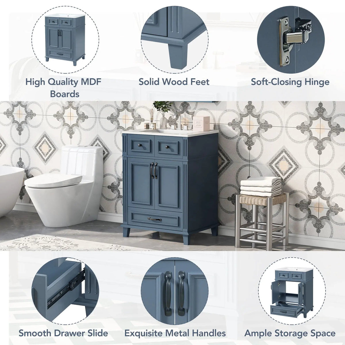 29 Inch Bathroom Vanity | Rubberwood Frame | Ceramic Sink | Soft Closing Doors