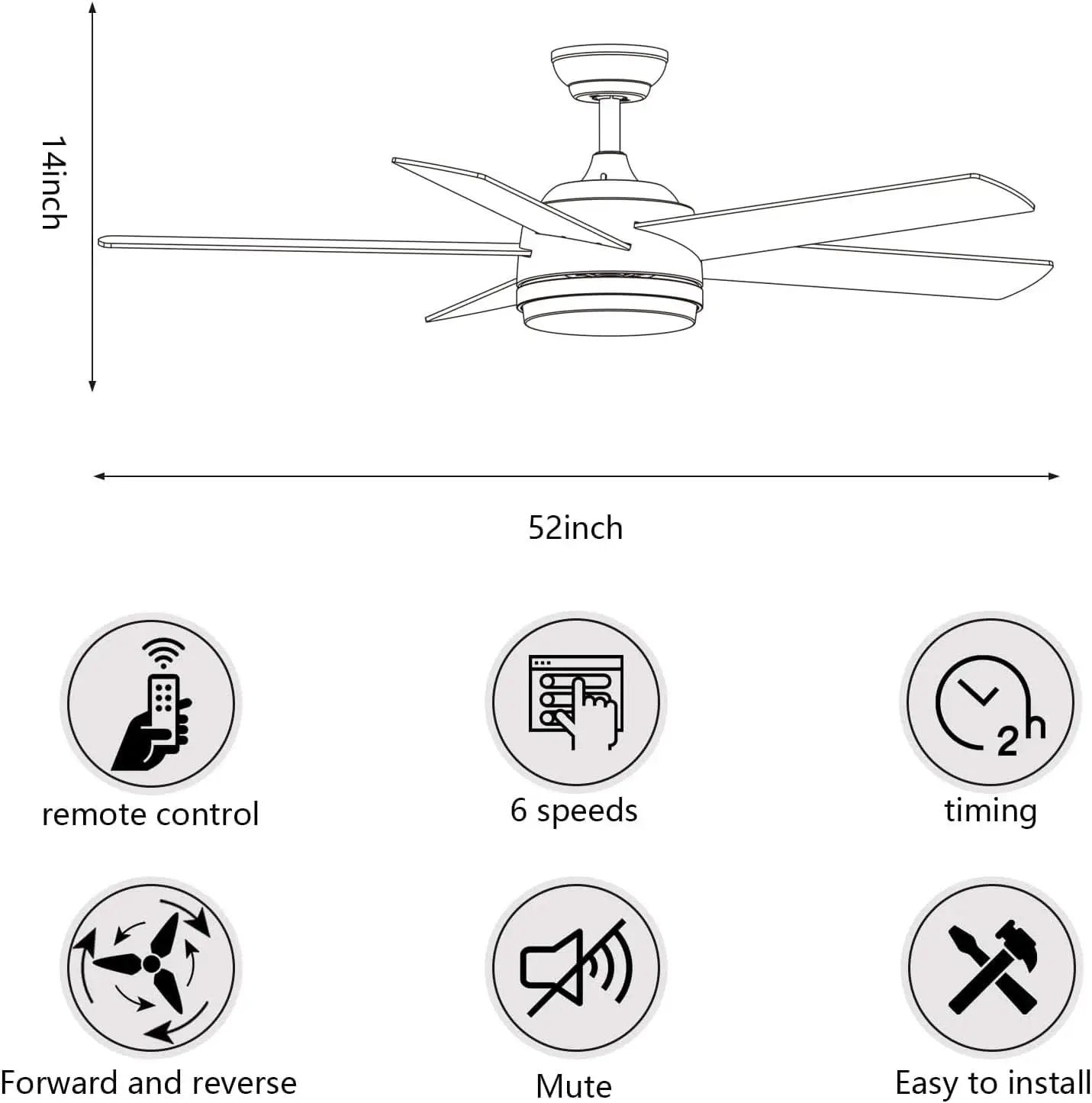 52 Inch Black Ceiling Fan With Dimmable 3 Color LED Lights And Remote
