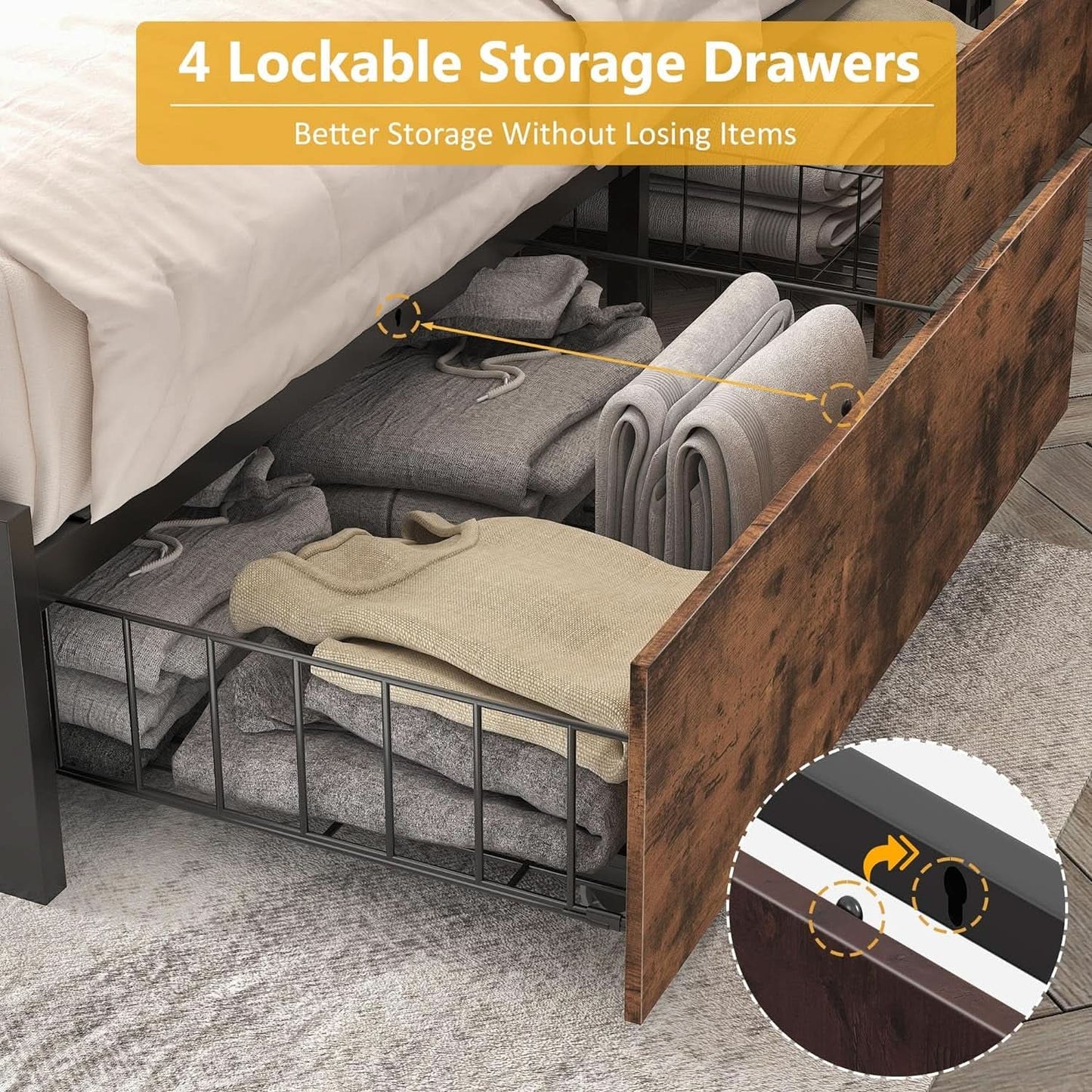 Queen Metal Platform Bed With Storage Headboard And Drawers from PriceLows™