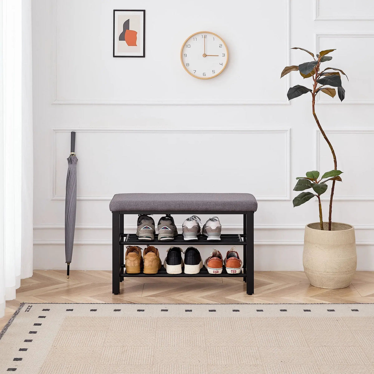 Entryway Shoe Bench | Cushioned Storage Seat | Durable Metal Frame | Hidden Storage Shelf