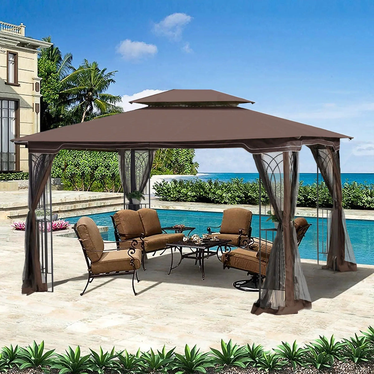 Outdoor Patio Gazebo | 13x10ft Double Roof | Mesh Screens | Brown