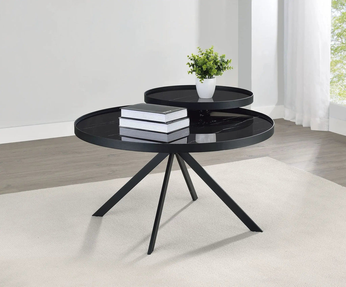 Briggs Round Marble Printed Glass Top Coffee Table | 35.75 x 35.75 x 23 in | Marble & Tempered Glass | Black