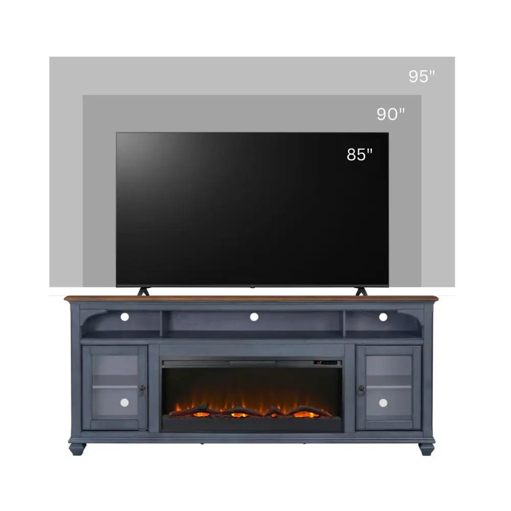 Fireplace TV Stand For TVs Up To 95" - | 86 x 18 x 34 in | Glass | Blue