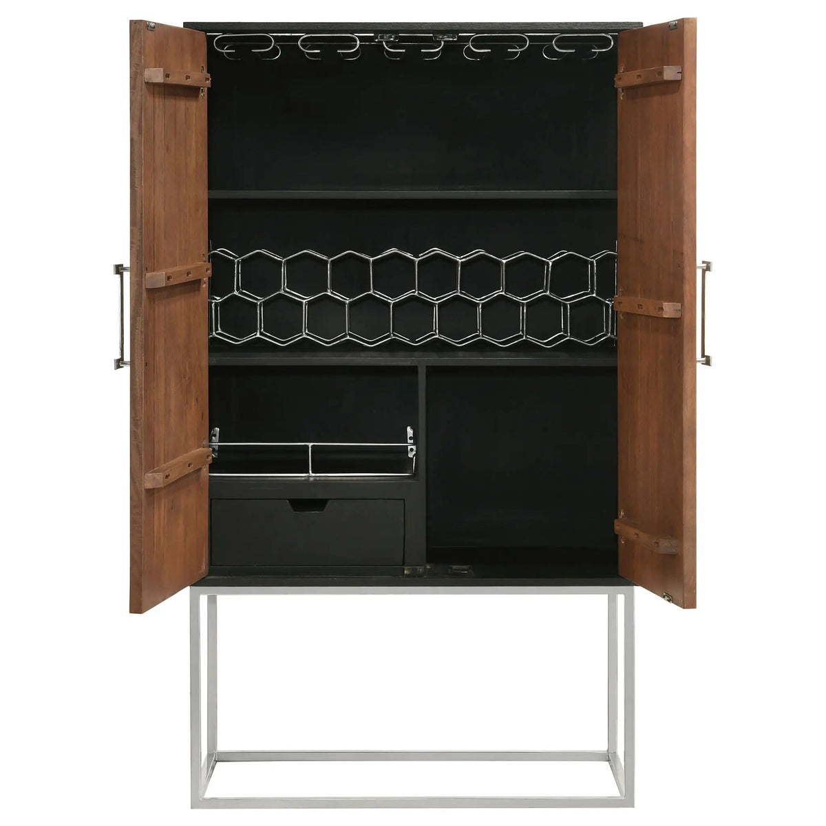 Borman 2-door Home Bar Cabinet Wine Storage Walnut and | 36 x 18 x 63.5 in | Mango Wood & Walnut | Black