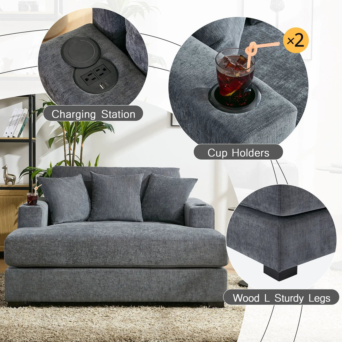 Chaise Lounger | Oversized | Cup Holders | Charging Port Included