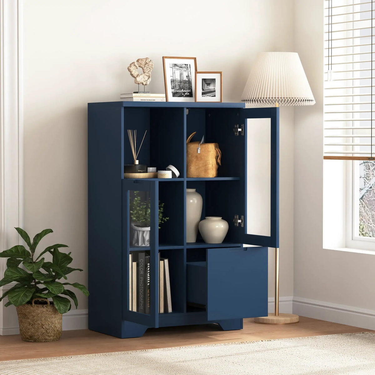 Modern Storage Cabinet | Adjustable Shelves | Double Glass Doors | Gray
