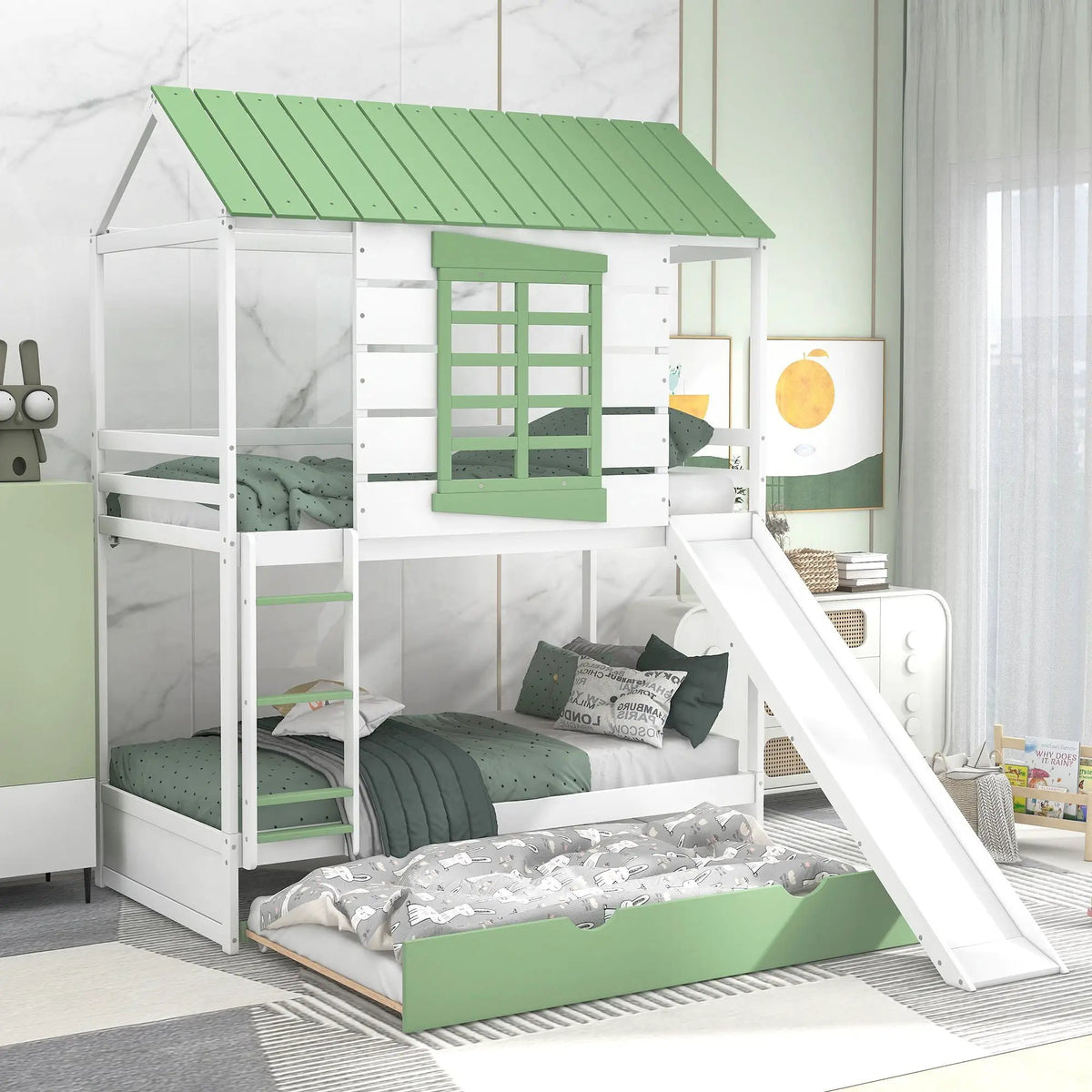Twin House Bunk Bed | With Trundle | With Slide | White