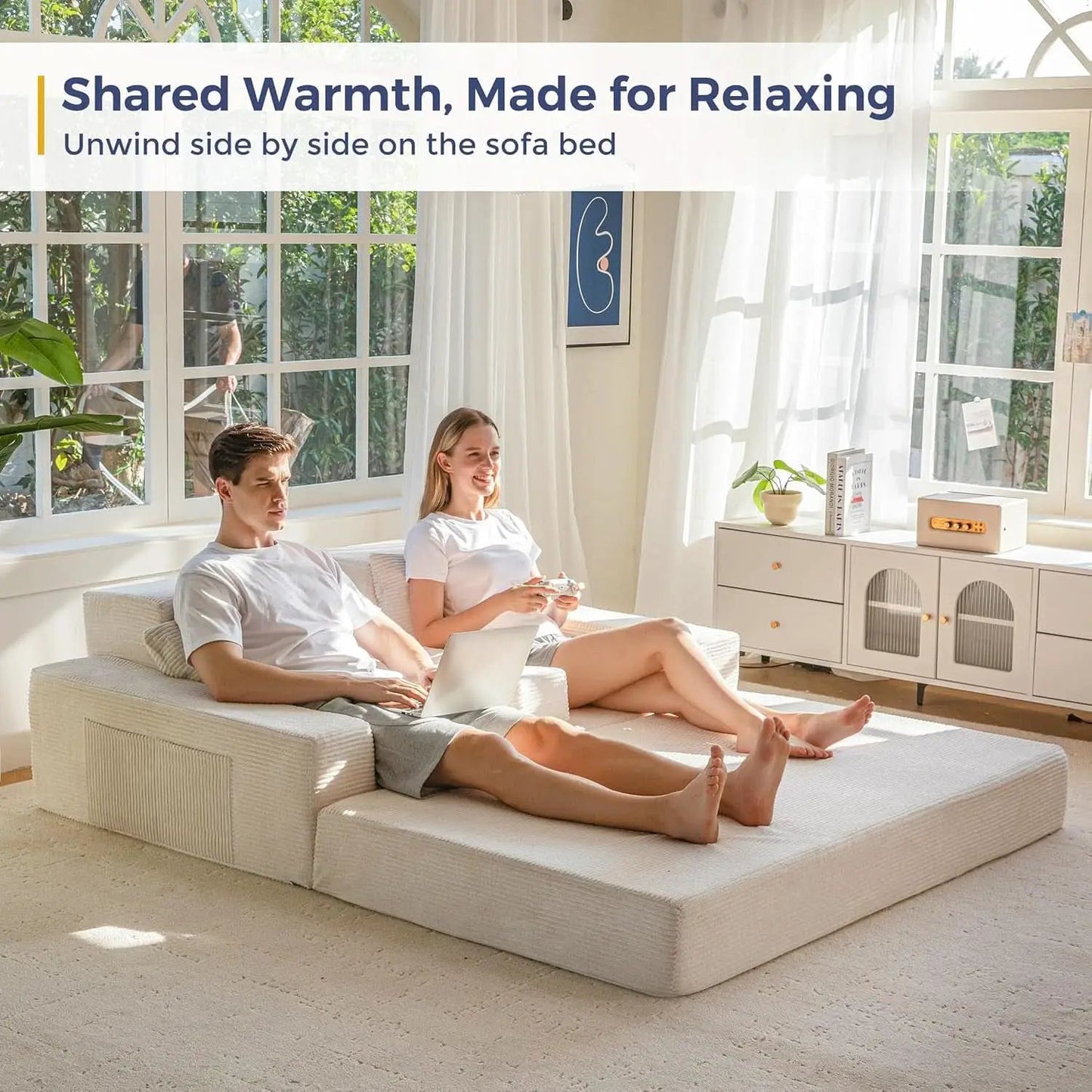 Beige Foldable Convertible Sleeper Sofa With CupHolders from PriceLows™