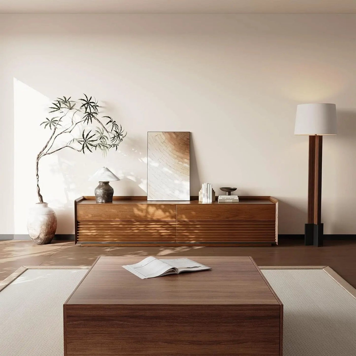 Walnut 78 Inch Mid Century Modern TV Stand With LED Storage from PriceLows™