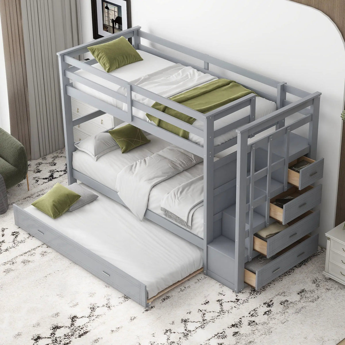 Bunk Bed With Trundle | Storage Staircase | Space Maximizing Design | Durable Construction