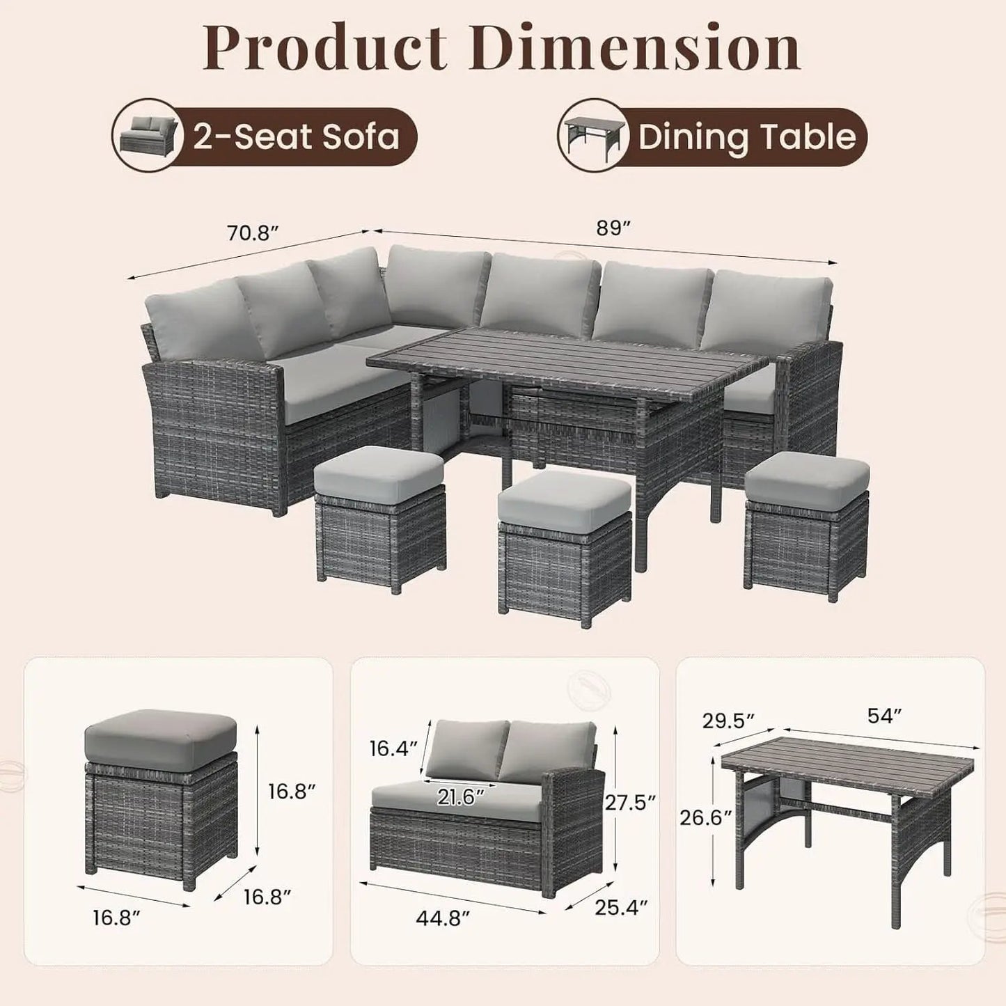 7 Piece Outdoor Patio Sectional Set All Weather Wicker Grey Cushions from PriceLows™
