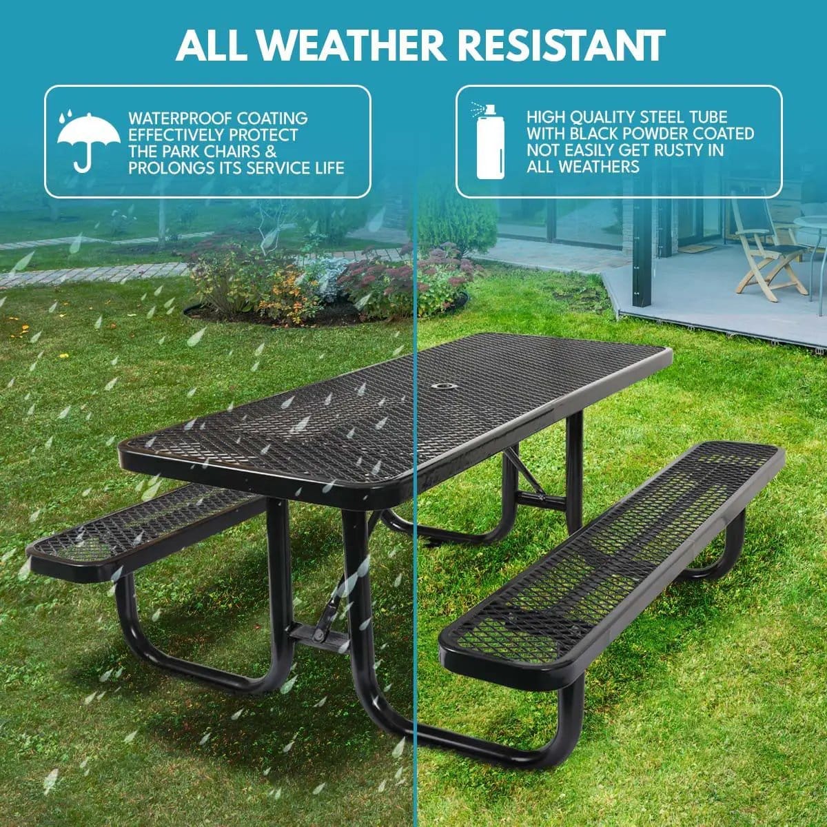 Outdoor Steel Picnic Rectangular Table With Umbrella Pole | 3 Pieces | Steel & Metal | Dining Room