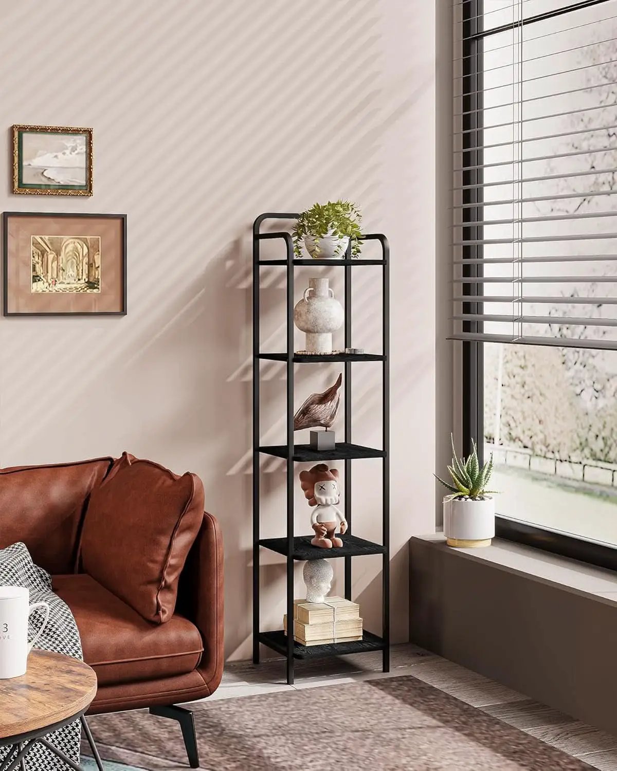 Black 5 Tier Narrow Bookcase Corner Shelf Organizer Industrial Design from PriceLows™