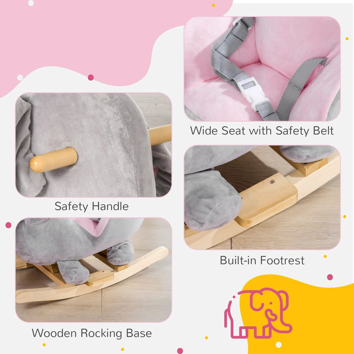 Qaba Elephant Rocking Horse | Toddler Rocker Toy | Sound Effects | Wooden Base Safety Belt