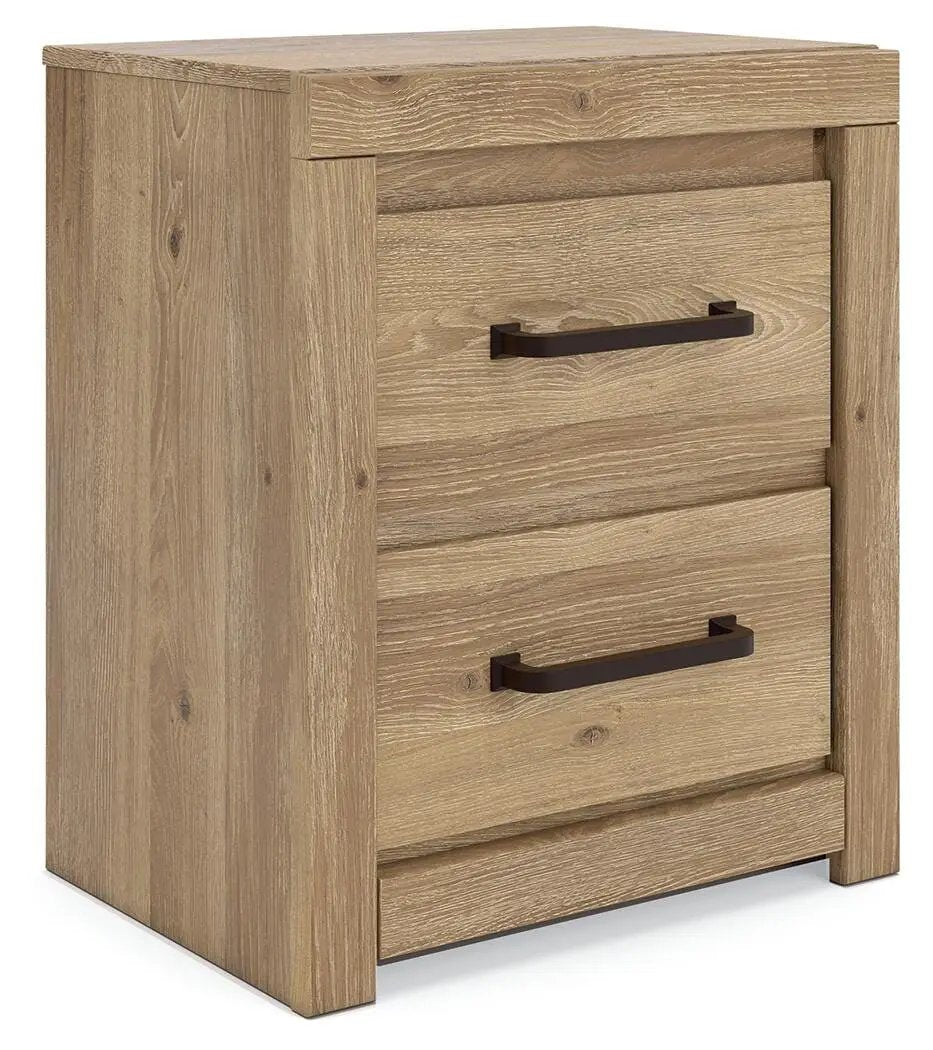 Night Stand With USB Port | Two Drawer | Tan Rustic Bedside Table